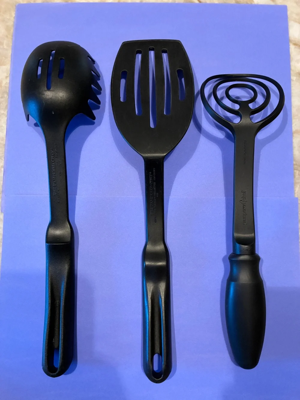 Pampered Chef Black Nylon Utensils set of 3, Spaghetti Fork, Spatula, Whisk